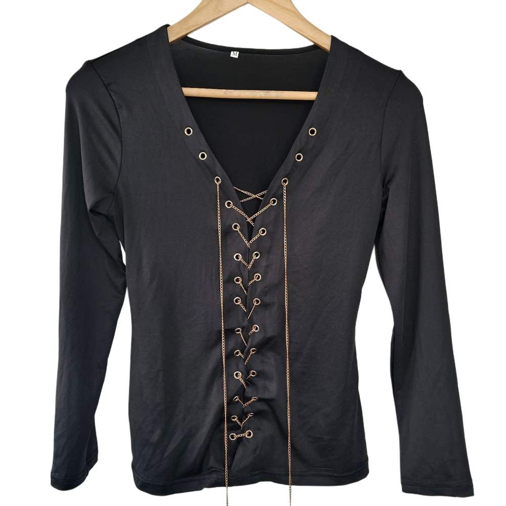 Women's Black Lace Up Gold Chain V-Neck Long Sleeve Blouse Sz Md